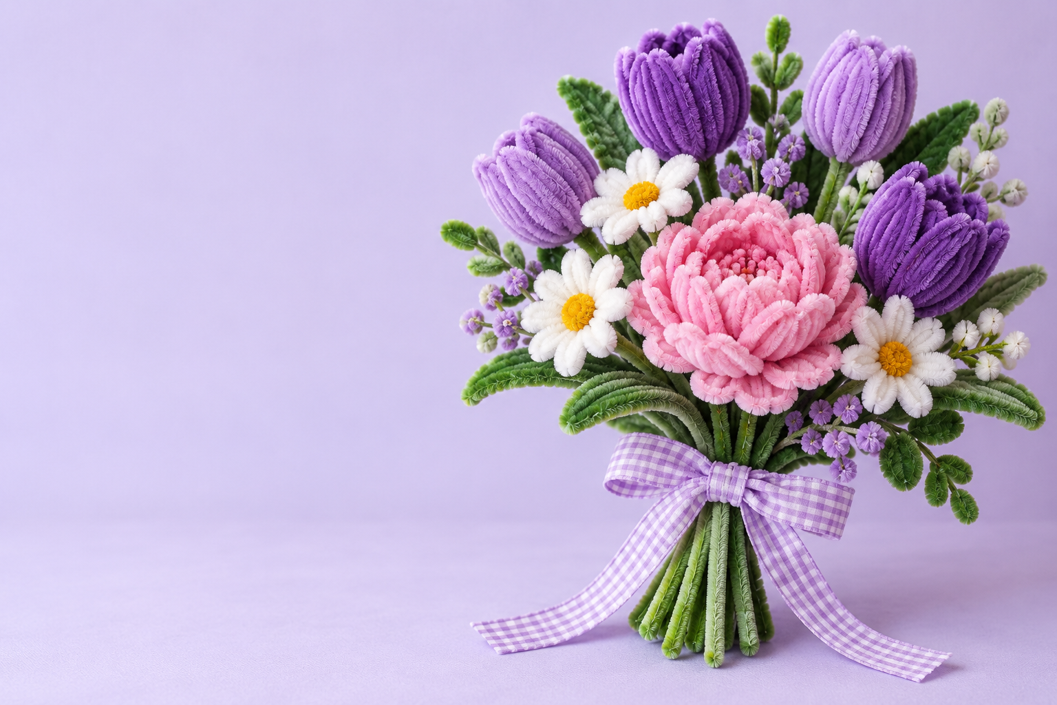 Handmade purple and pink pipe-cleaner flowers with white daisies and a lavender ribbon